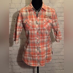 Harley Davidson Womens Sz M Button Up Pink Plaid Rhinestone Buttons